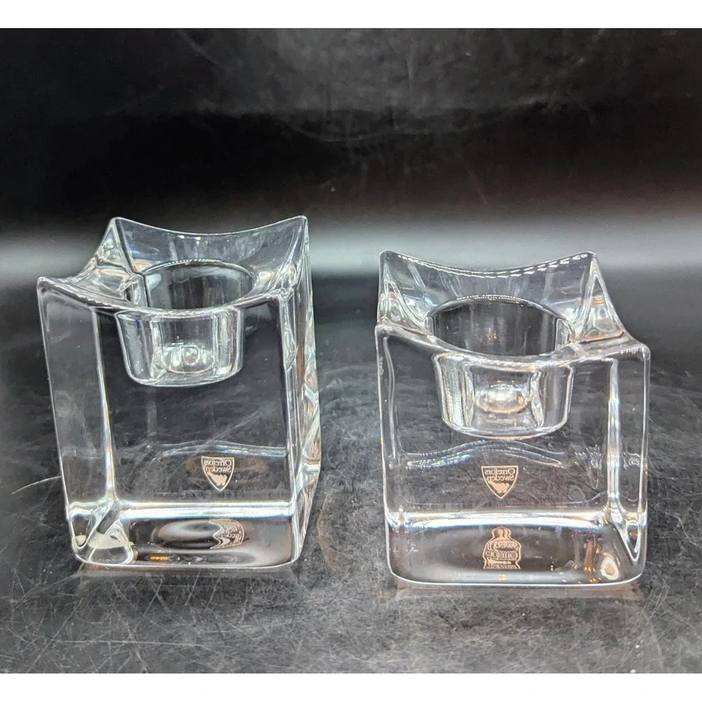 Set of 2 Orrefors Crystal Polaris Clear Votive Candle Holders Square Ice‎